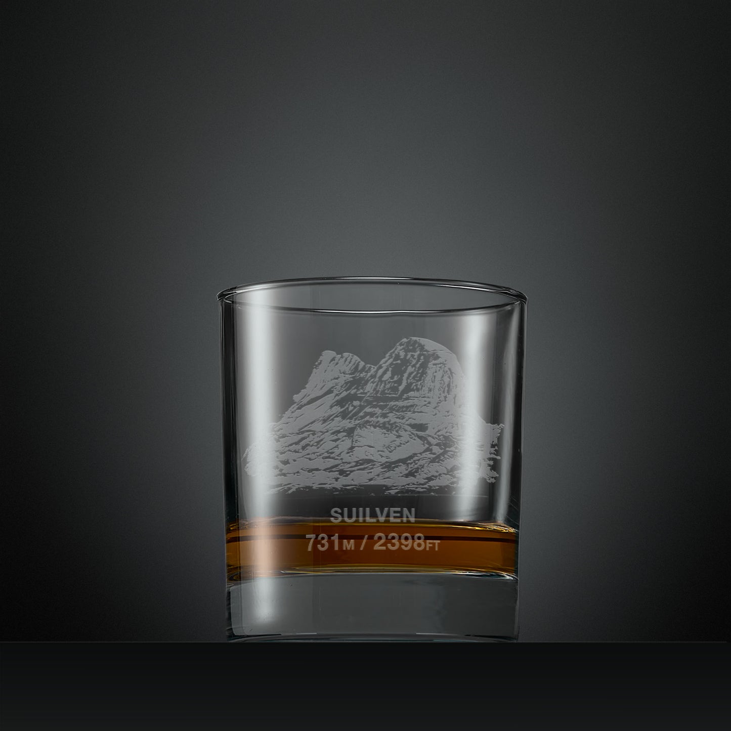 Engraved whisky glass with Suilven illustration