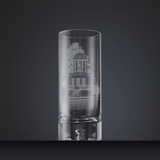 Engraved flower vase with an illustration of Temple Island, Henley-on-Thames 