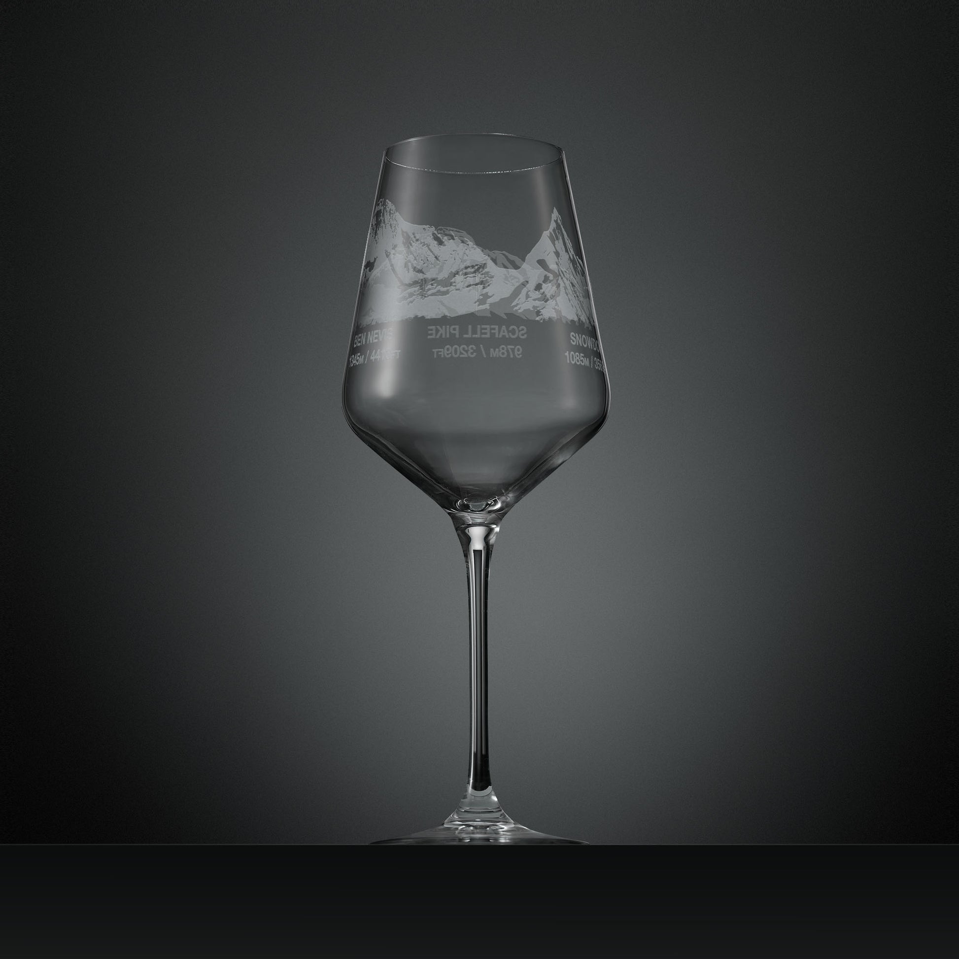 Engraved whisky glass with National 3 peaks, Scafell Pike, Snowdon and Ben Nevis illustration