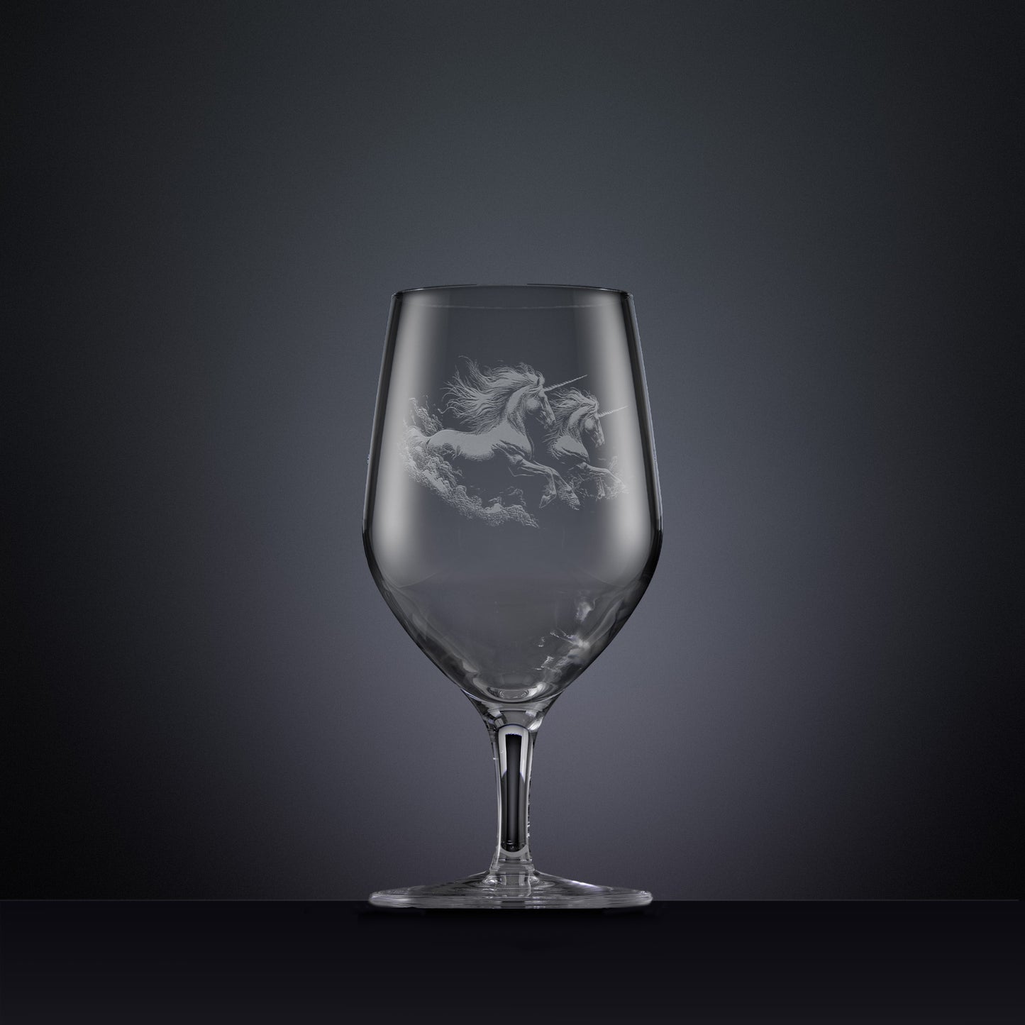Engraved mineral water glass with an  illustration of two unicorns galloping through the water