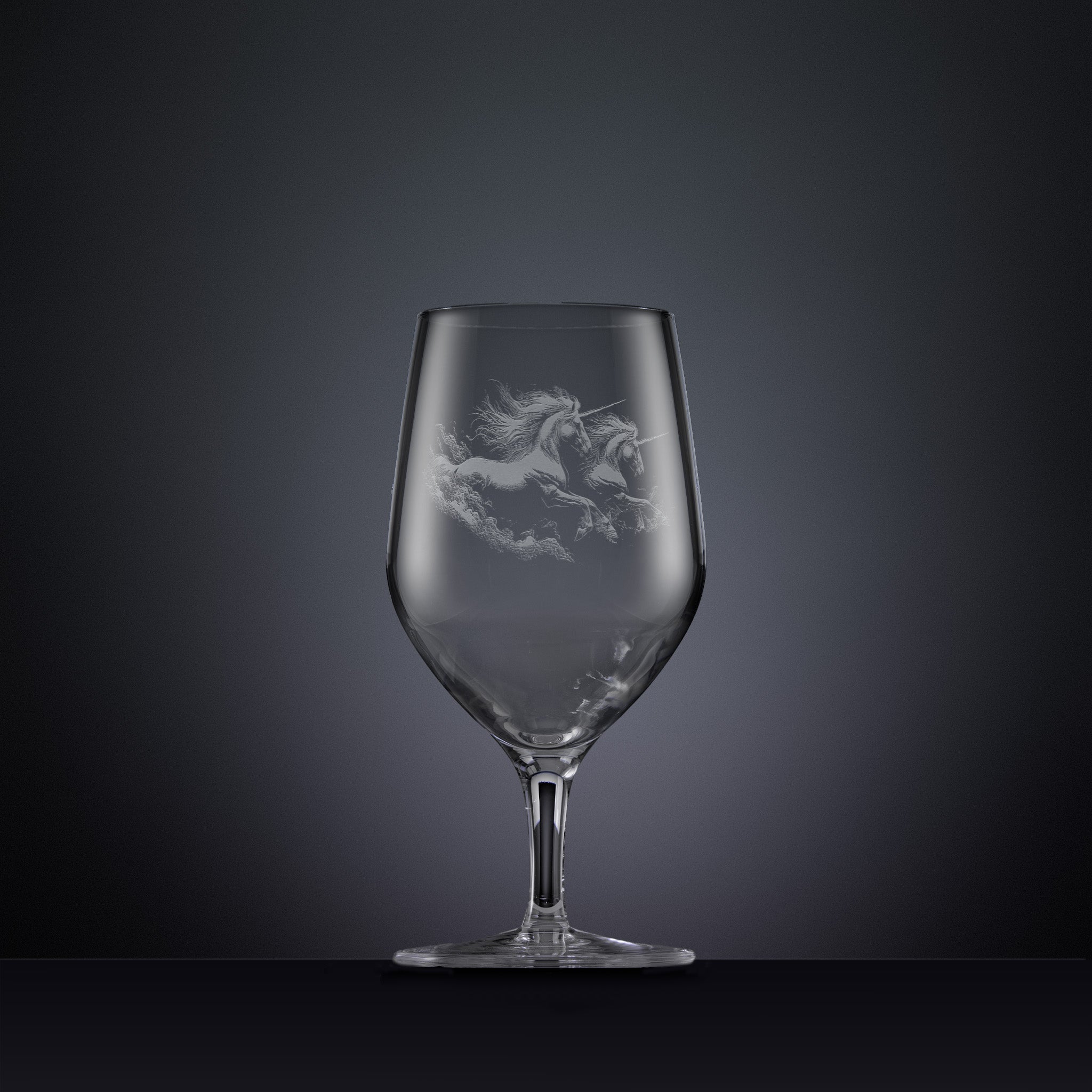 Engraved mineral water glass with an  illustration of two unicorns galloping through the water