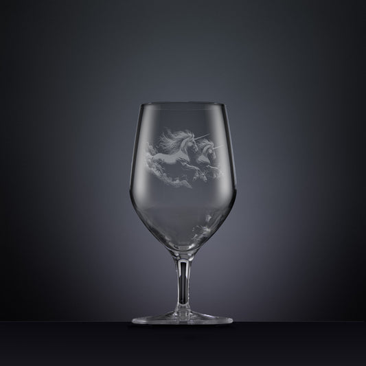 Engraved mineral water glass with an  illustration of two unicorns galloping through the water
