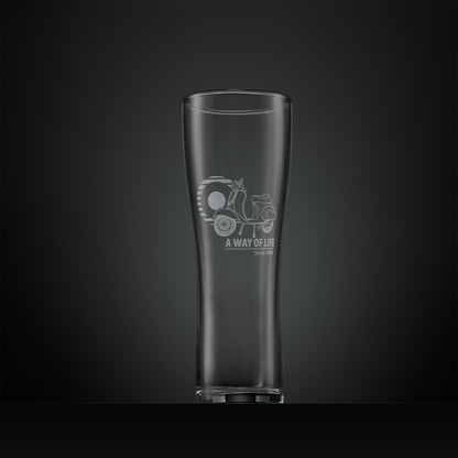 Pint glass engraved with a Vespa 50 Special scooter and 'A Way of Life' text