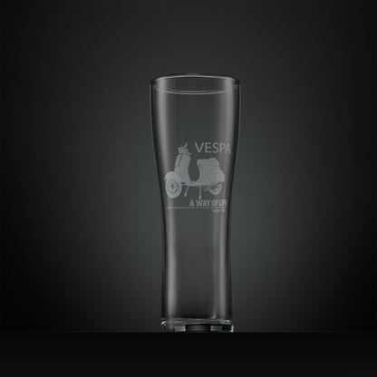 Engraved pint glass featiring a Vespa 50 special scooter and the words 'a way of life'