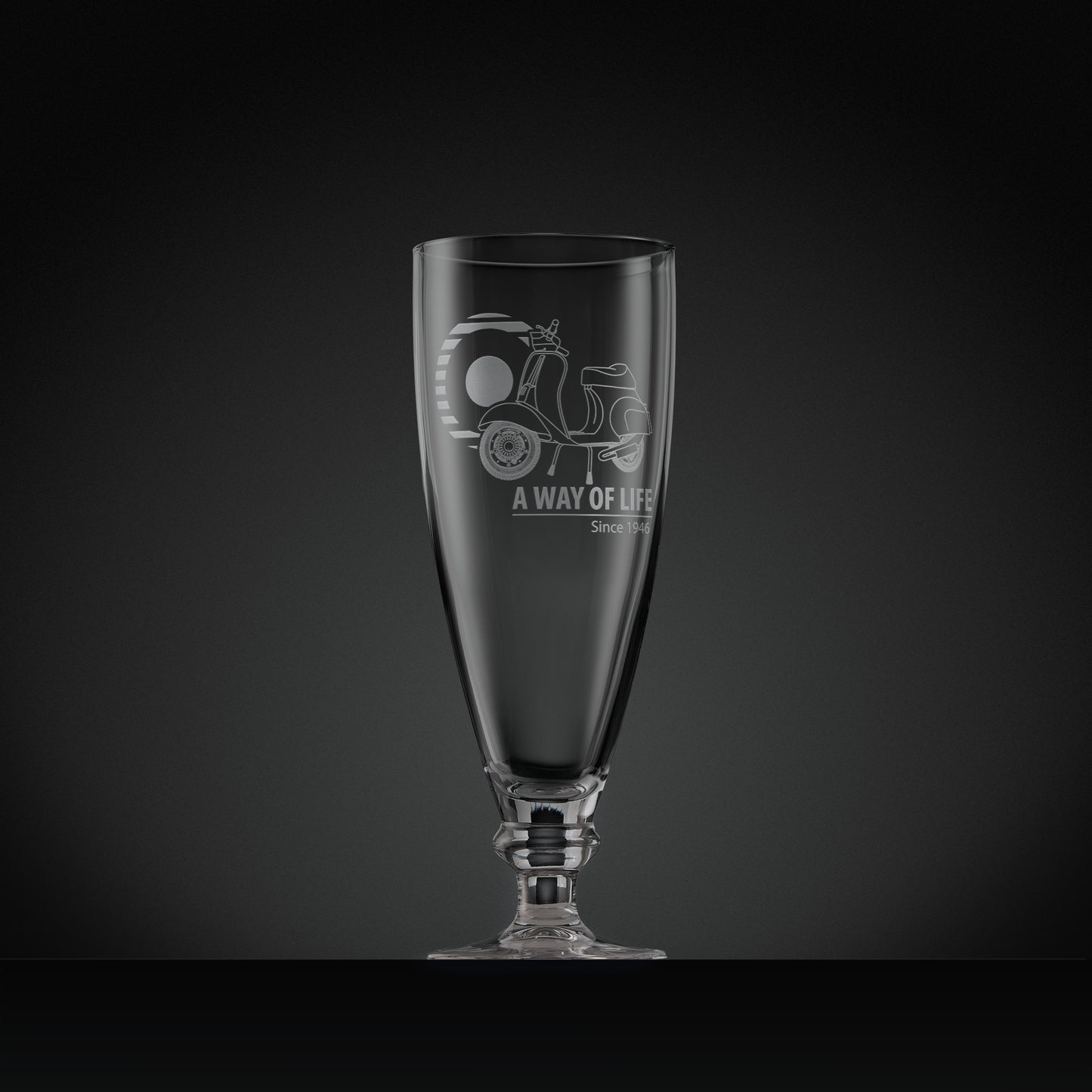 Stemmed beer glass engraved with Vespa 50 Special scooter