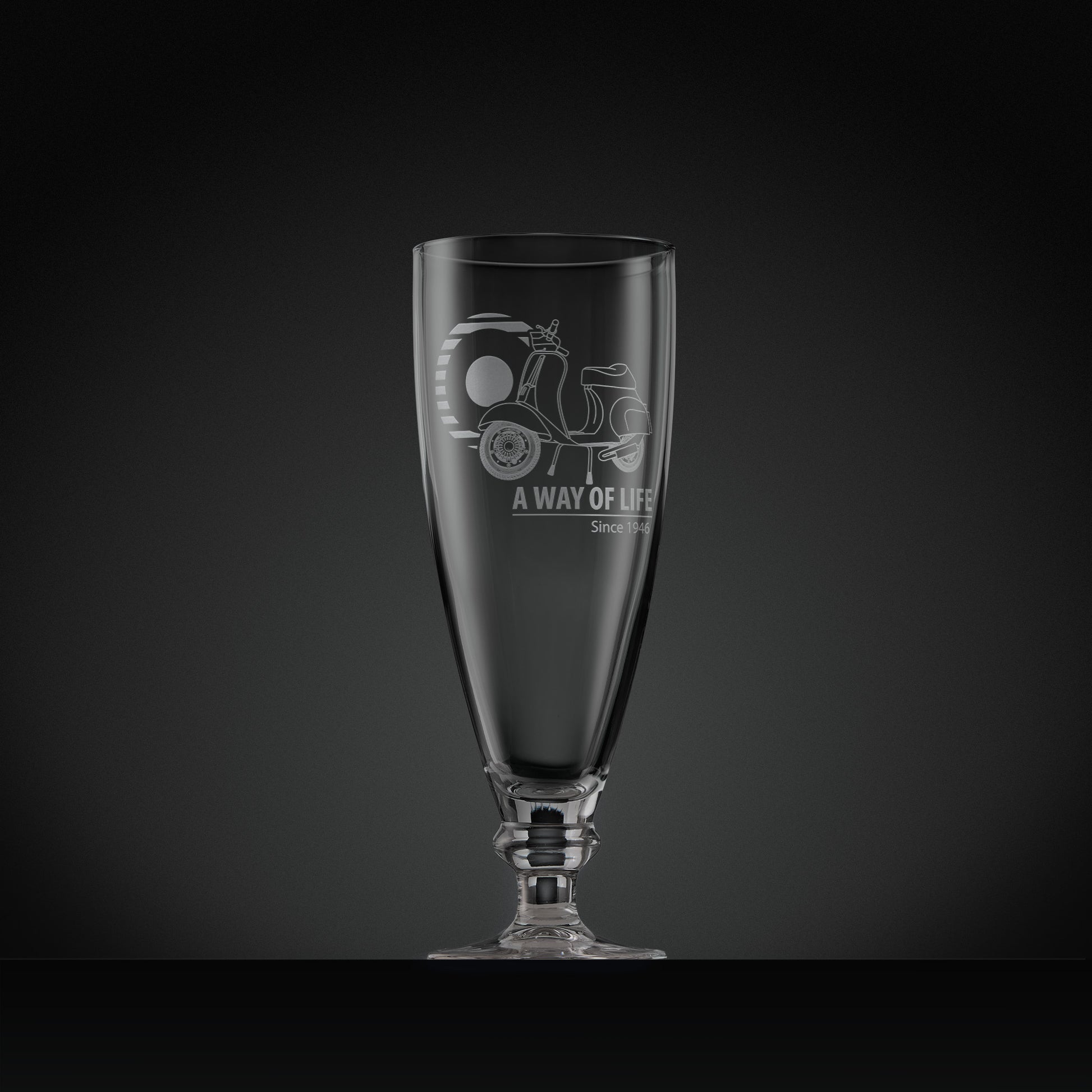 Stemmed beer glass engraved with Vespa 50 Special scooter