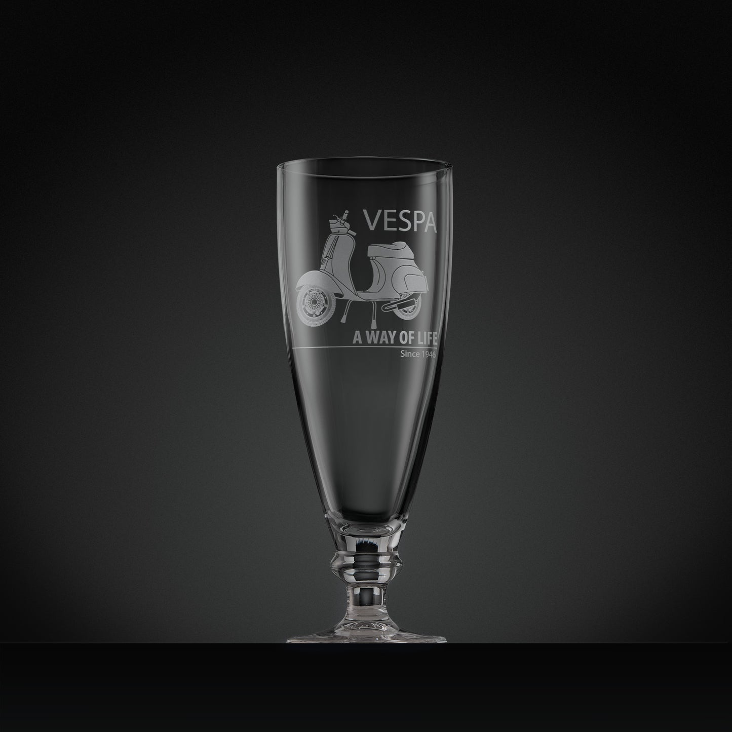 Stemmed beer glass engraved with Vespa 50 Special scooter and script logo