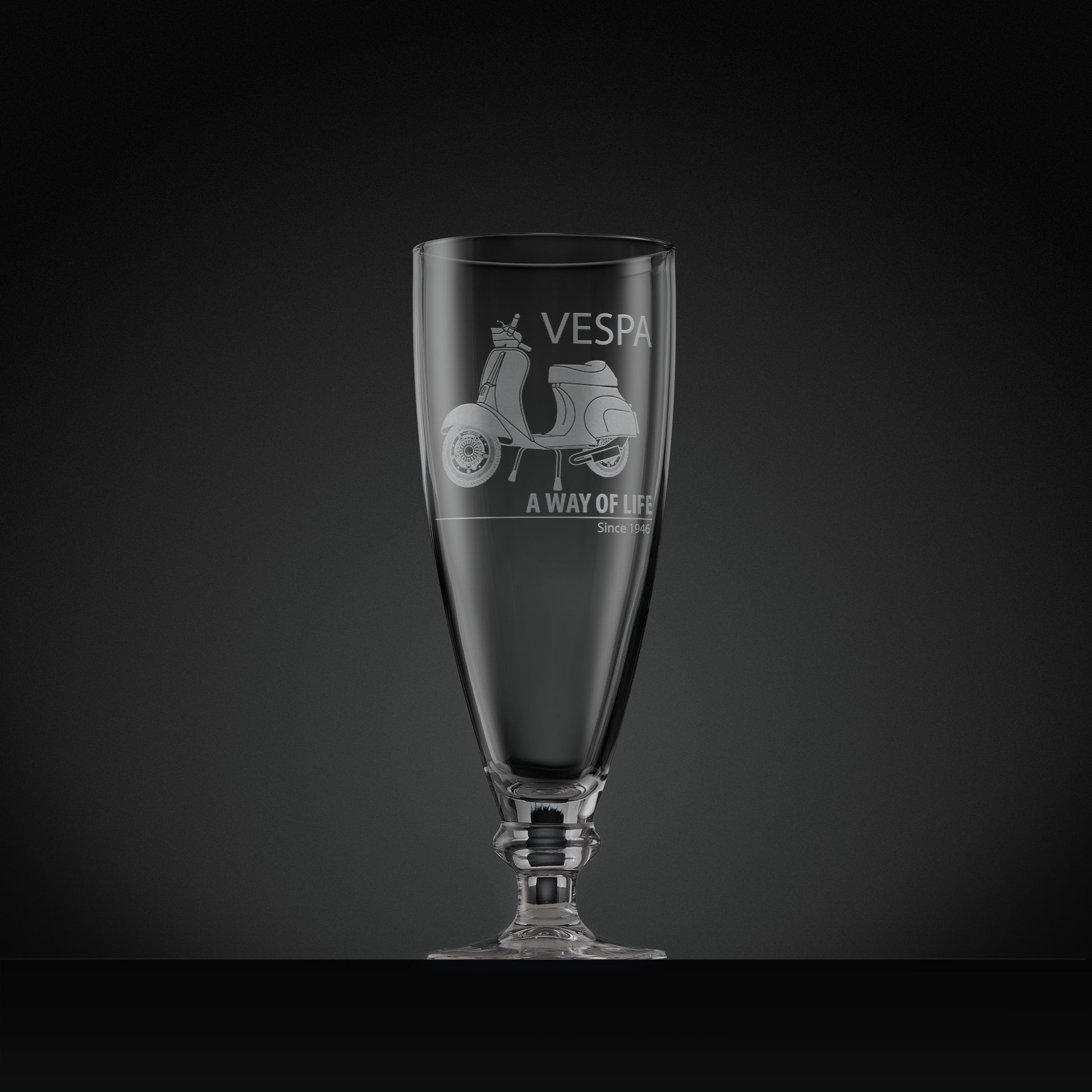 Stemmed beer glass engraved with Vespa 50 Special scooter and script logo