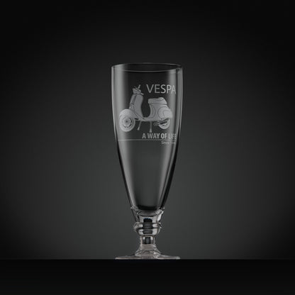 Stemmed beer glass engraved with Vespa 50 Special scooter and script logo