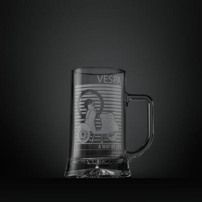 Engraved glass tankard featuring a Vespa 50 Special scooter and MOD target design