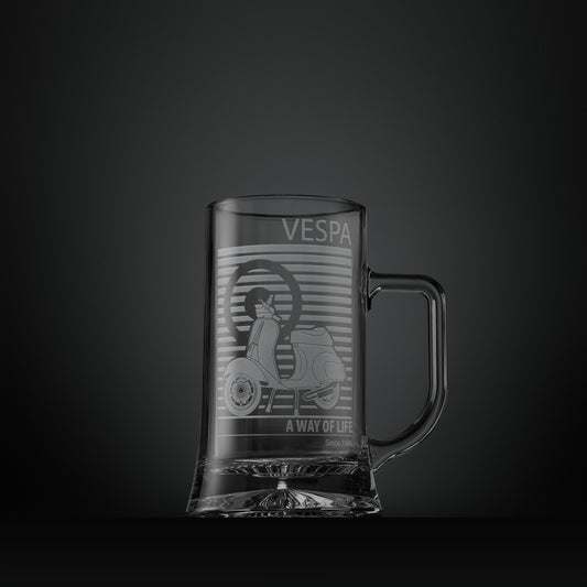 Engraved glass tankard featuring a Vespa 50 Special scooter and MOD target design