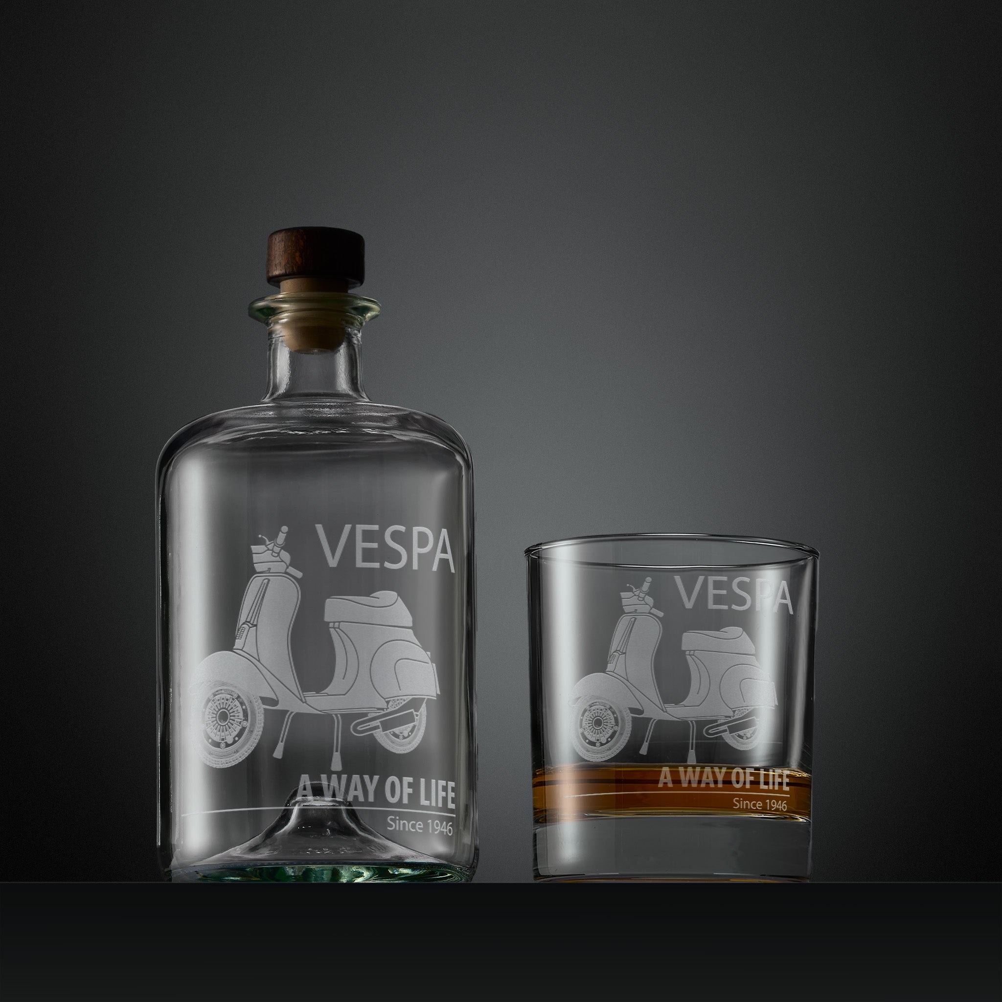 Engraved apothecary style decanter and whisky glass with a Vespa 50 Special scooter and A Way of Life text