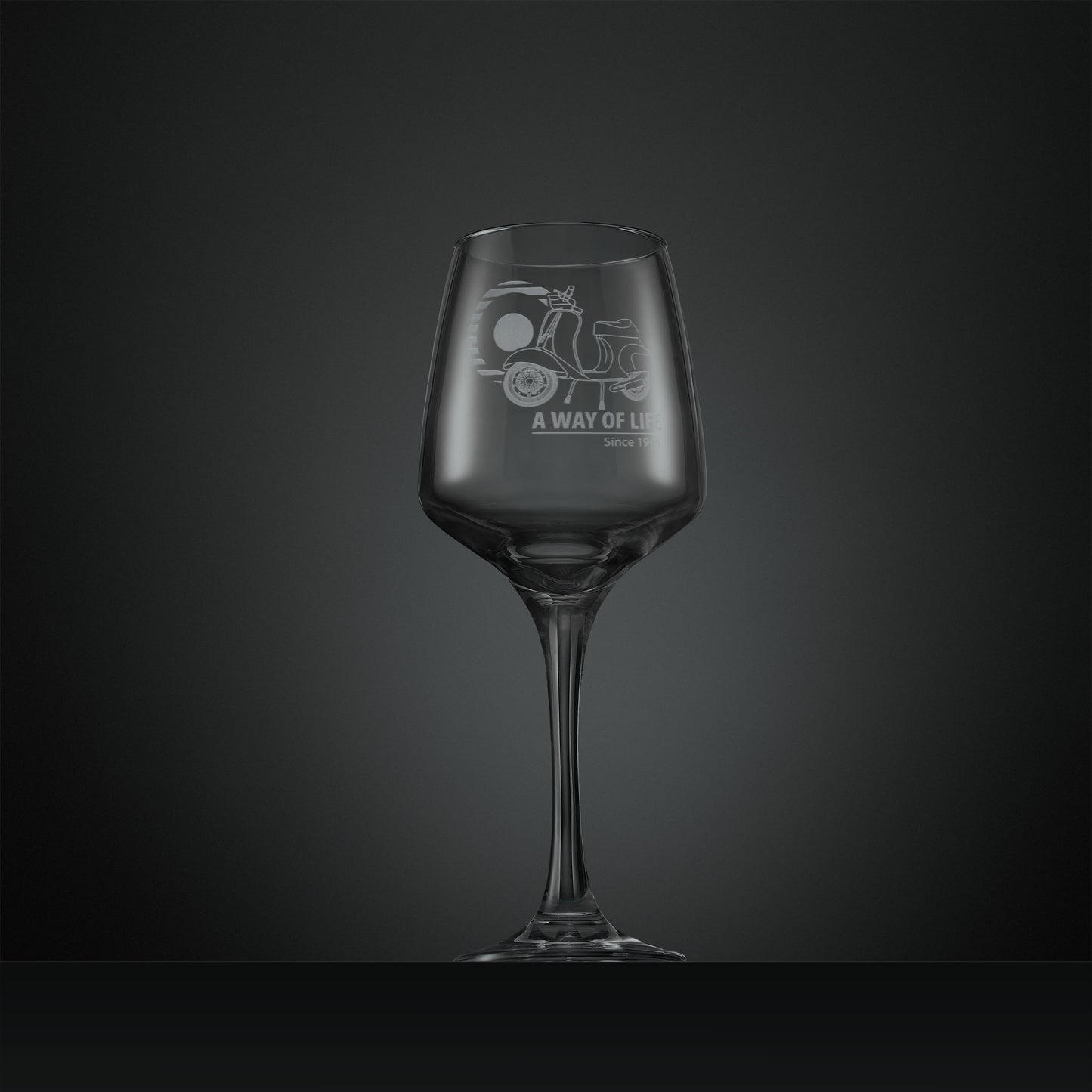 Engraved wine glass with a vespa 50 special scooter and 'A Way of Life Since 1946' slogan