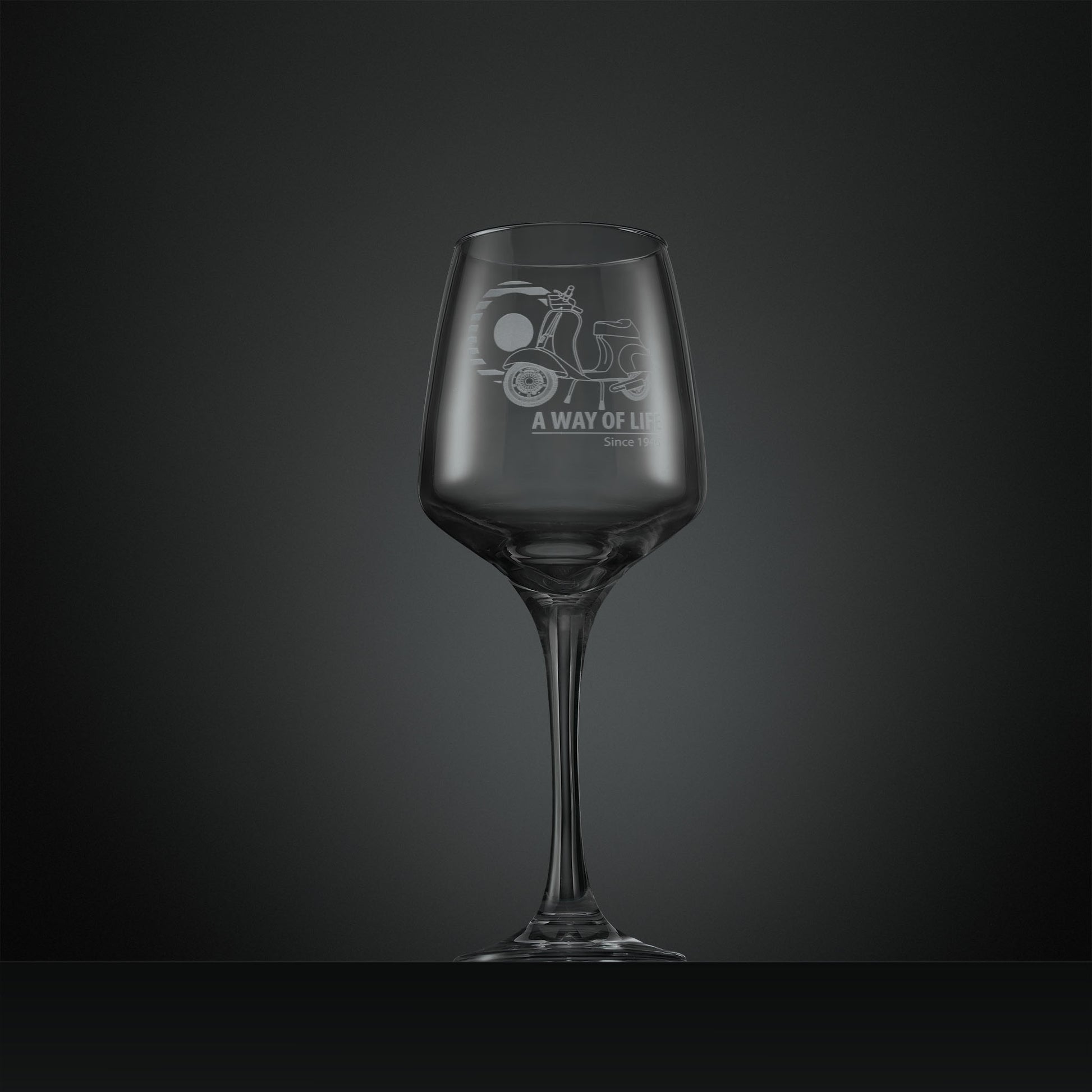 Engraved wine glass with a vespa 50 special scooter and 'A Way of Life Since 1946' slogan