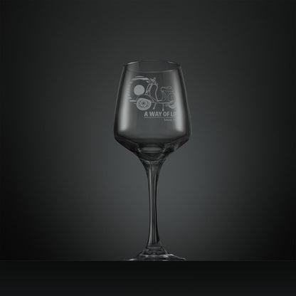 Engraved wine glass with a vespa 50 special scooter and 'A Way of Life Since 1946' slogan