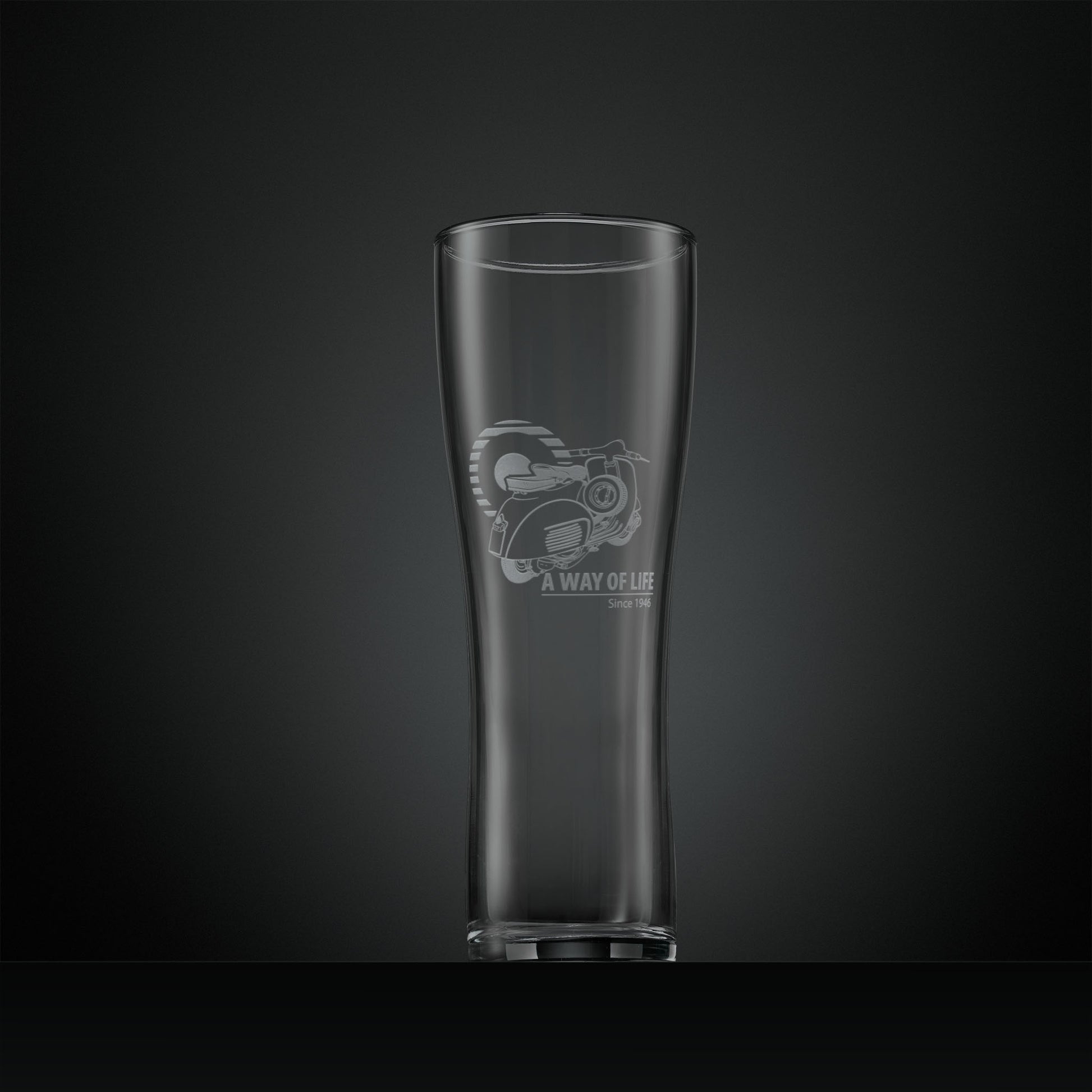 Engraved pint glass featuring a Vespa GL scooter and MOD target design