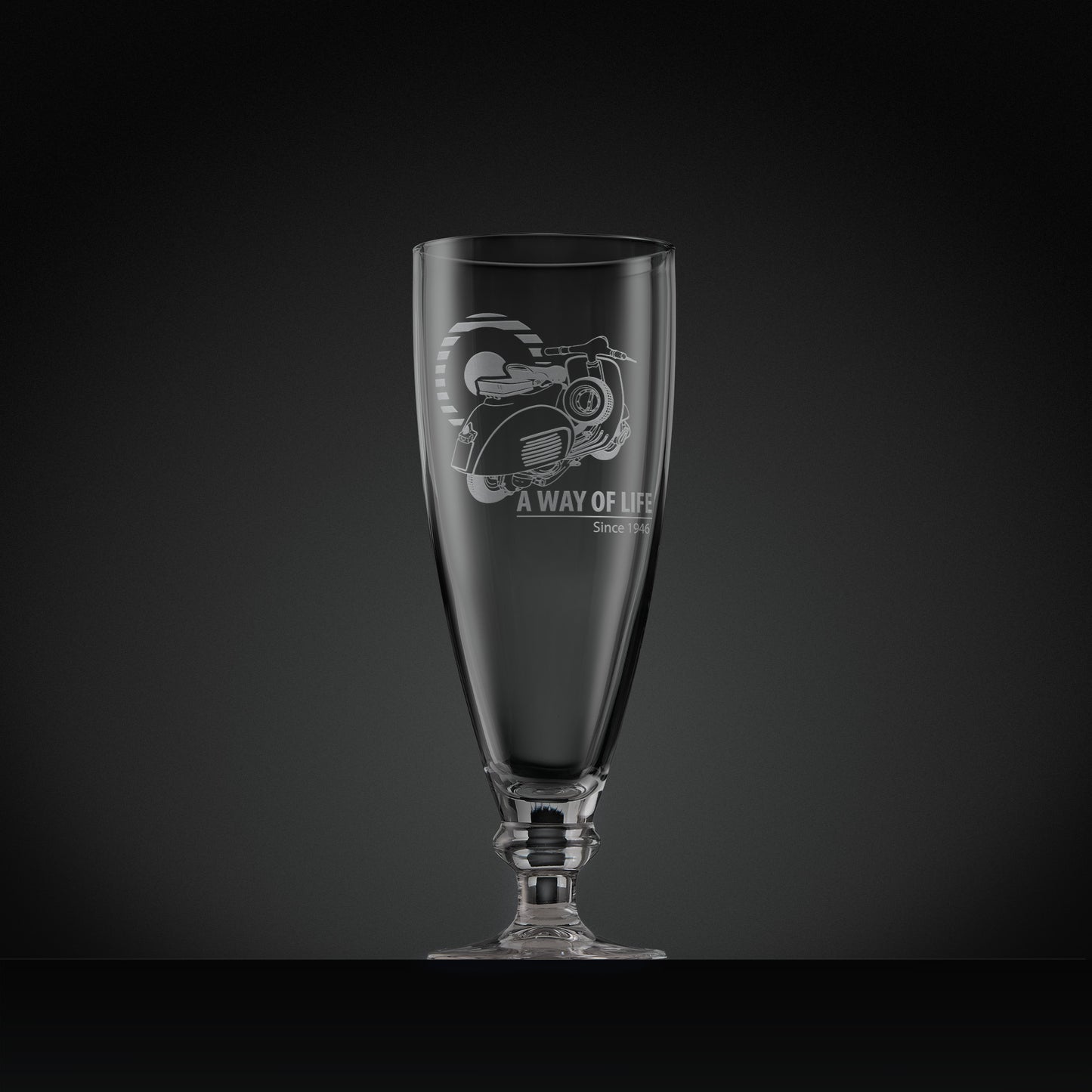 Stemmed beer glass engraved with Vespa GL scooter and Mod target