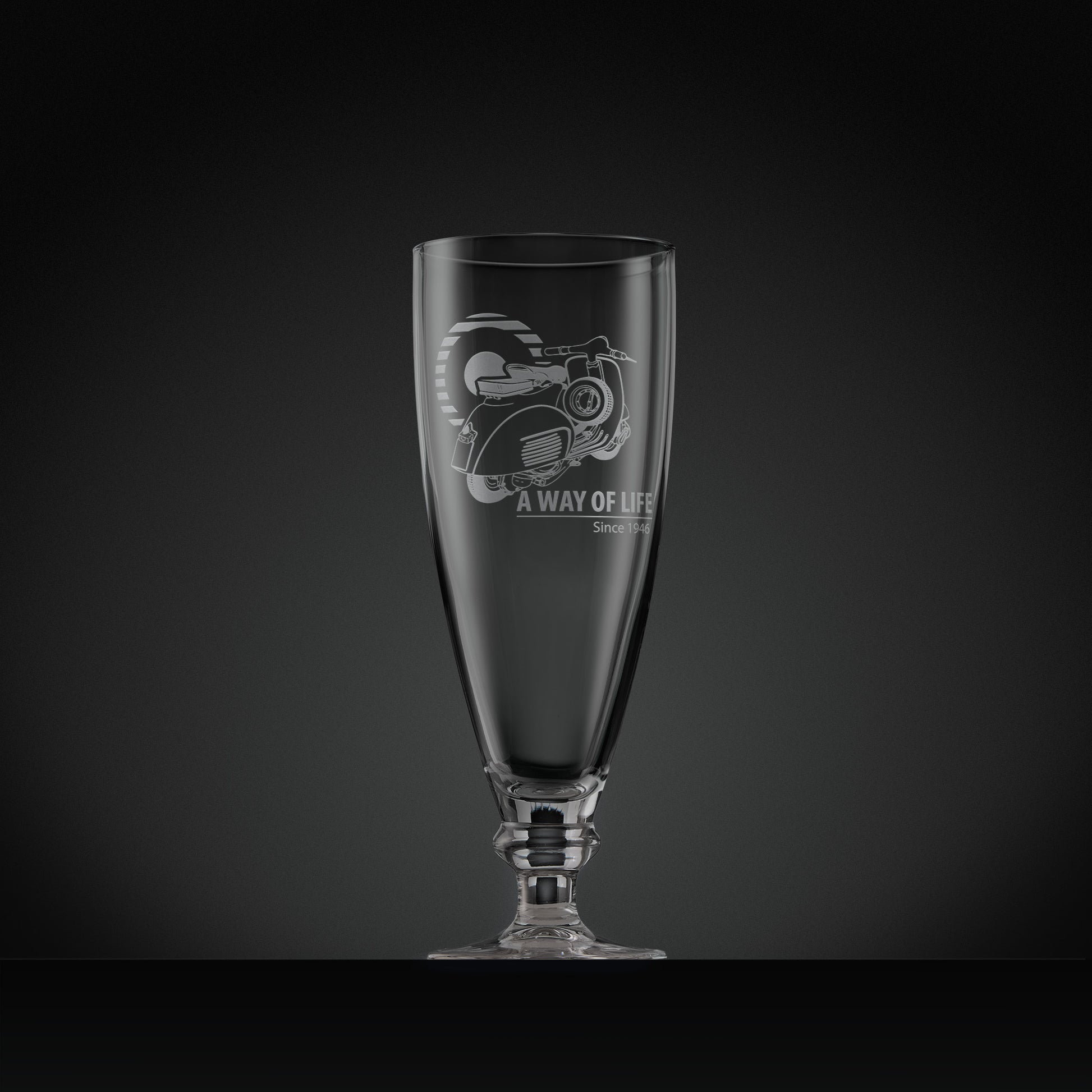 Stemmed beer glass engraved with Vespa GL scooter and Mod target