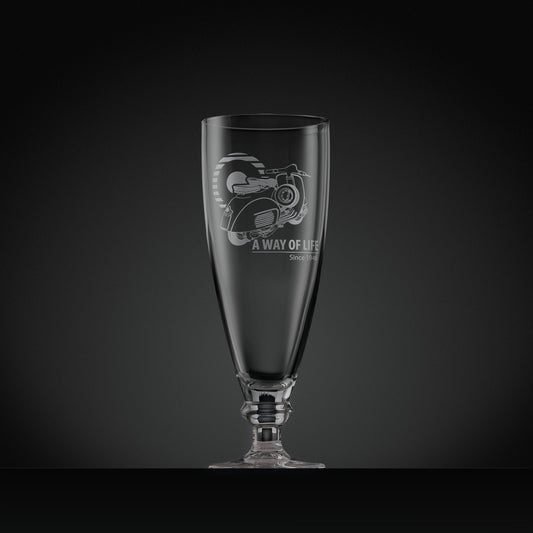 Stemmed beer glass engraved with Vespa GL scooter and Mod target