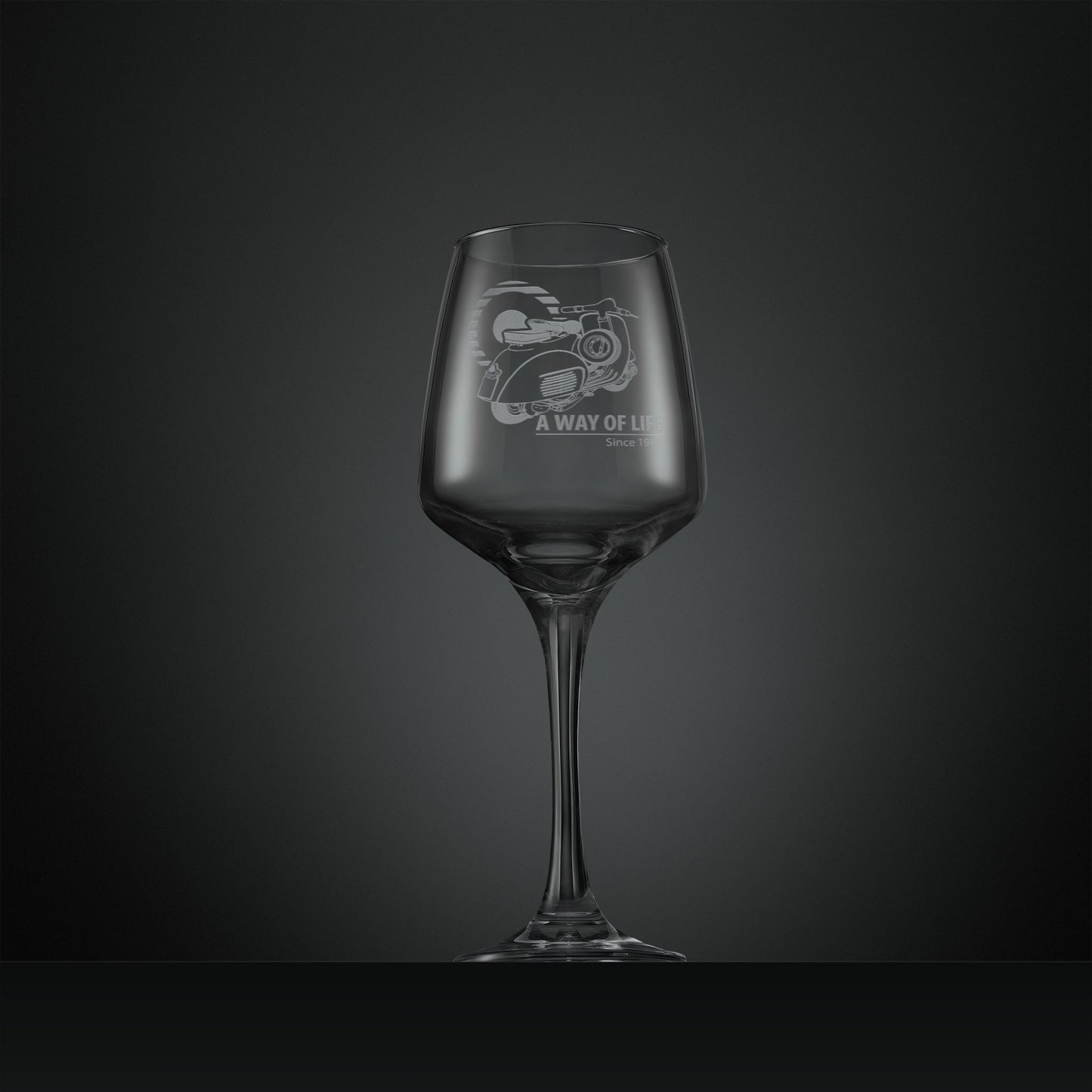 Engraved Vespa GL wine glass with A Way of Life Since 1946 slogan