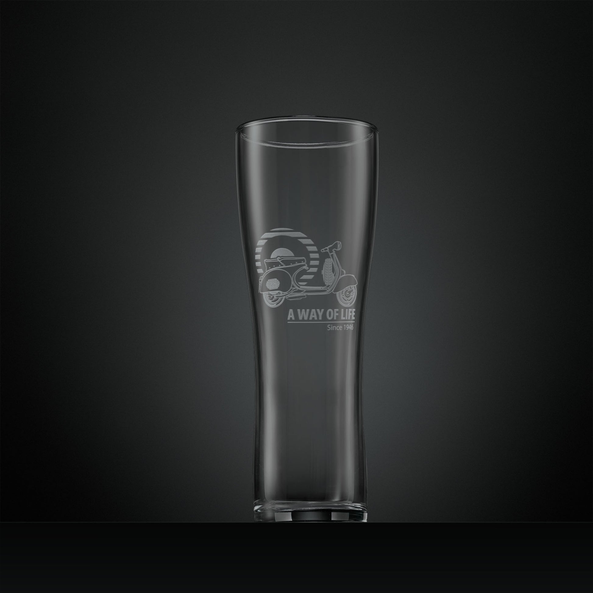 Engraved pint glass with mod target and Vespa GS150 scooter illustration
