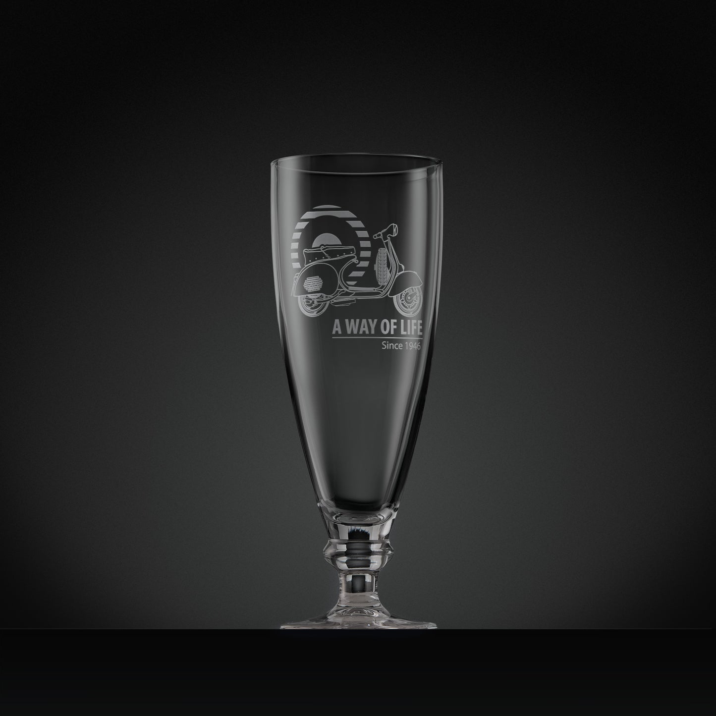 Stemmed beer glass engraved with Vespa GS150 scooter and Mod target,