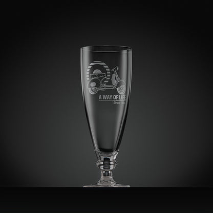 Stemmed beer glass engraved with Vespa GS150 scooter and Mod target,