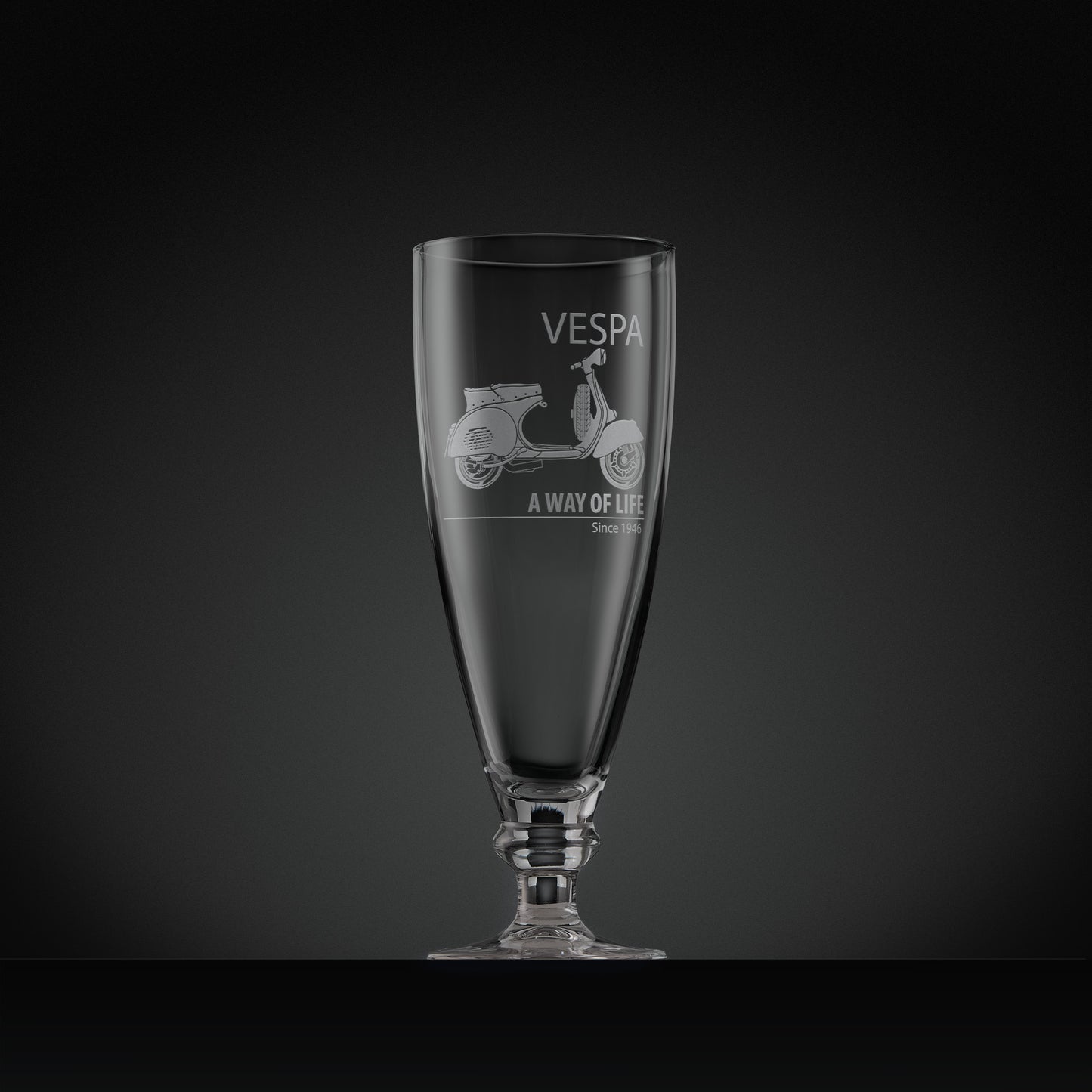 Engraved Vespa GS150 stemmed beer glass with Vespa script and ‘A Way of Life Since 1946’