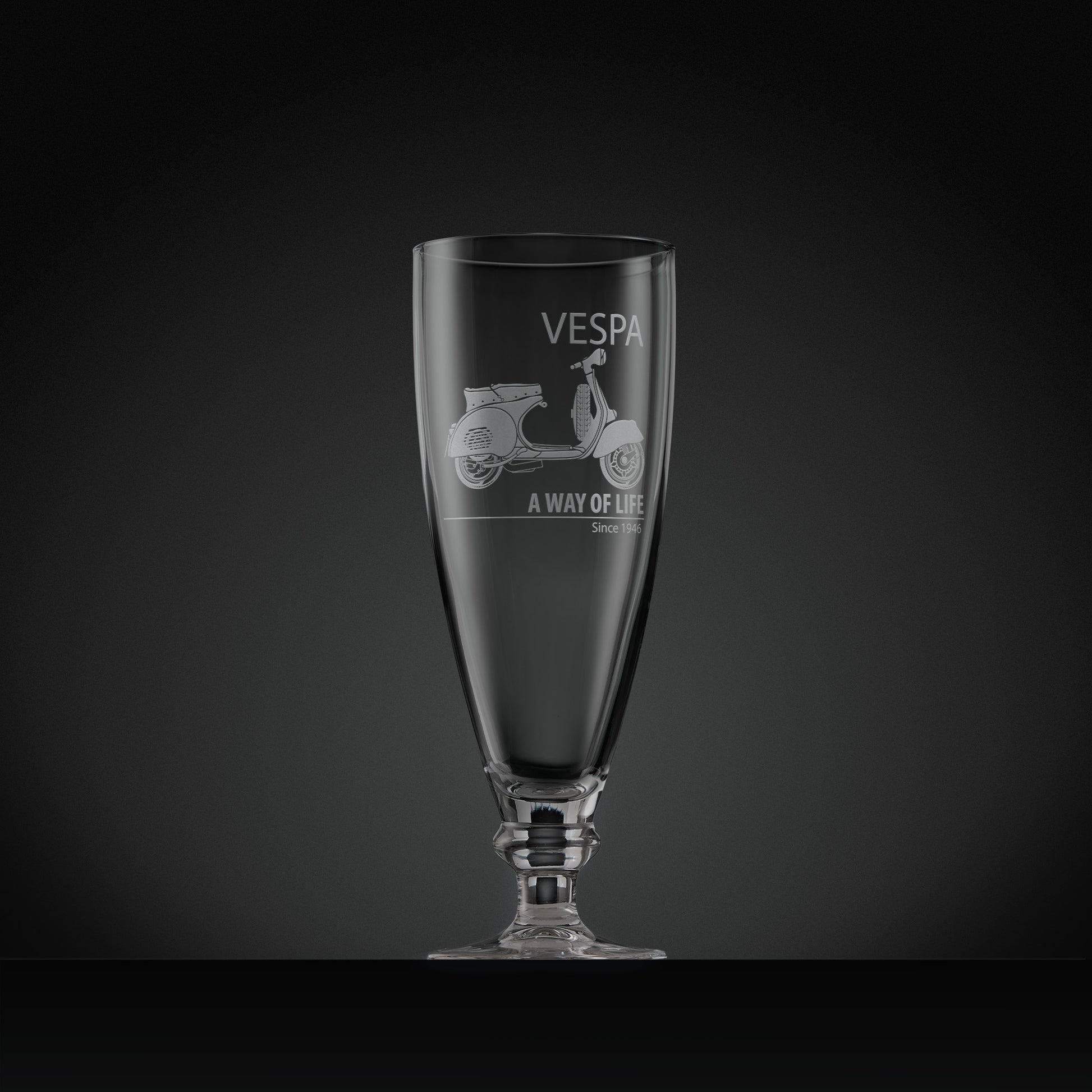 Engraved Vespa GS150 stemmed beer glass with Vespa script and ‘A Way of Life Since 1946’