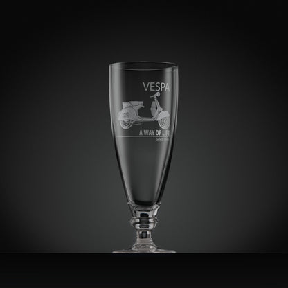 Engraved Vespa GS150 stemmed beer glass with Vespa script and ‘A Way of Life Since 1946’