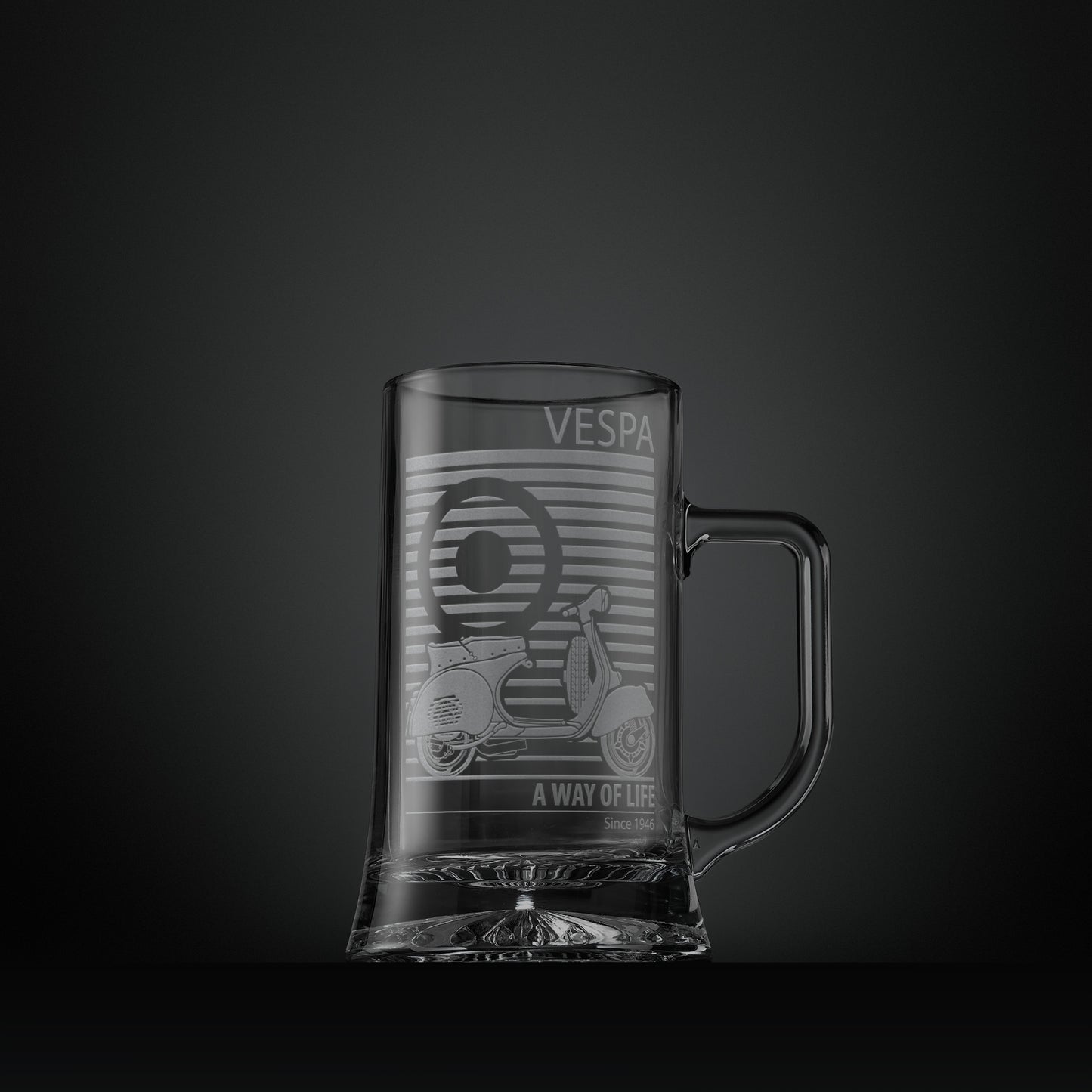 Engraved glass tankard featuring a Vespa GS150 scooter and MOD target design