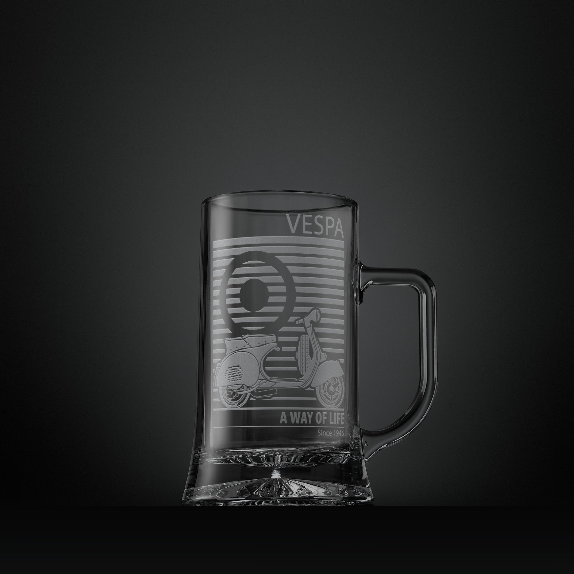 Engraved glass tankard featuring a Vespa GS150 scooter and MOD target design