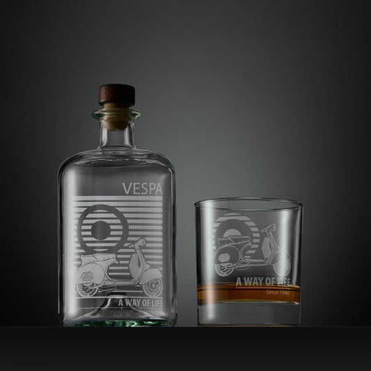 Engraved apothecary style decanter and whisky glass with a Vespa GS150 and MOD target design illustration