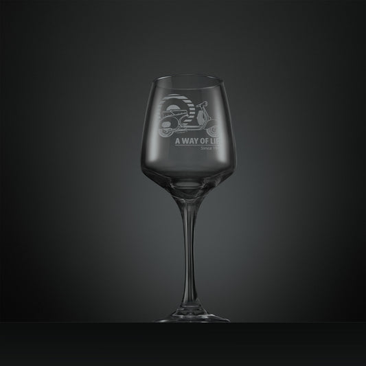 Engraved  wine glass with a Vespa GS150 scooter and A Way of Life Since 1946 text