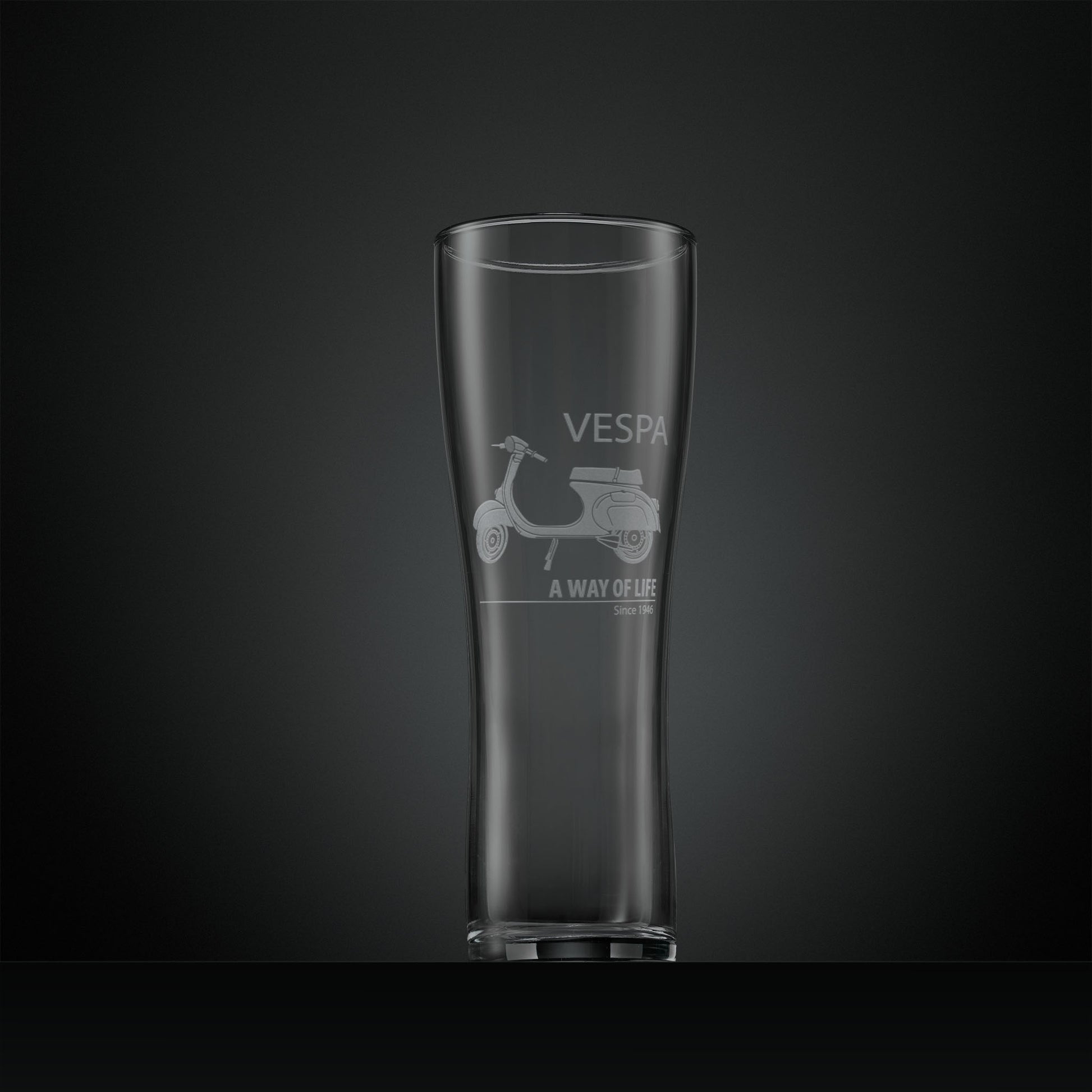Engraved pint glass with a Vespa Primavera Scooter, and A Way of Life Since 1946 text