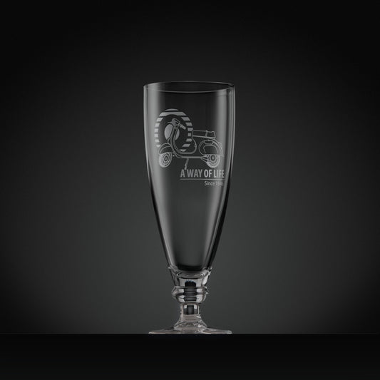 Stemmed beer glass engraved with Vespa Primavera scooter and Mod target