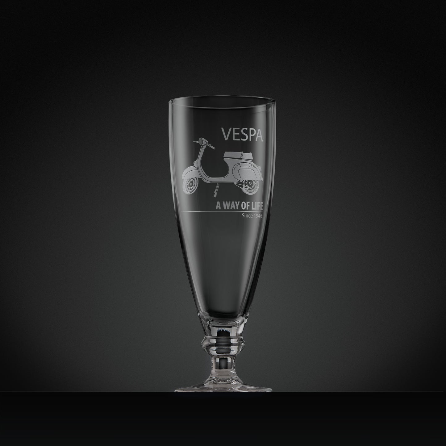 Engraved Vespa Primavera stemmed beer glass with Vespa script and ‘A Way of Life Since 1946’, 