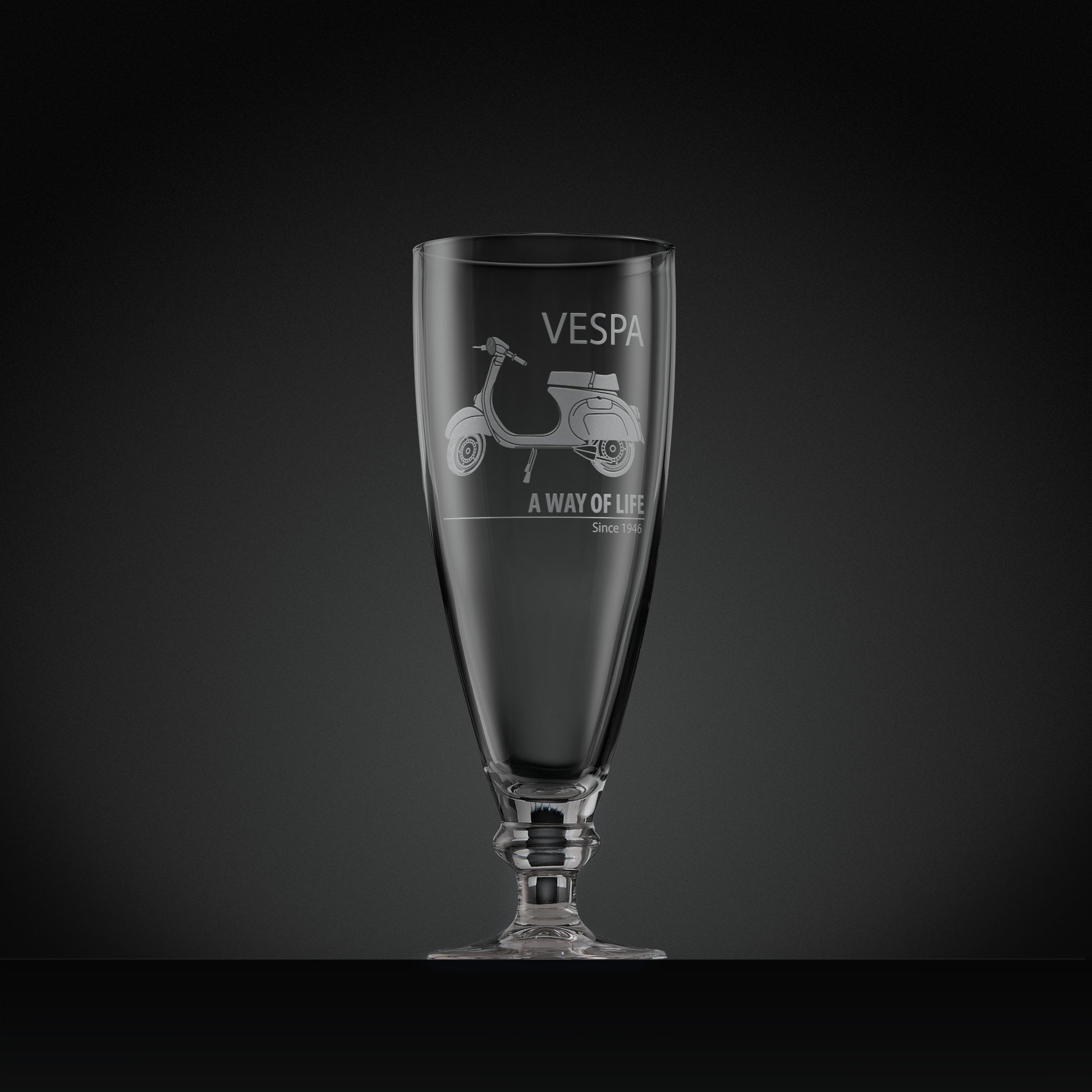 Engraved Vespa Primavera stemmed beer glass with Vespa script and ‘A Way of Life Since 1946’, 