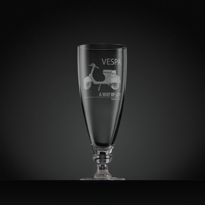 Engraved Vespa Primavera stemmed beer glass with Vespa script and ‘A Way of Life Since 1946’, 