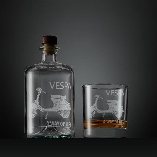 Engraved apothecary style decanter and whisky glass with a Vespa Primavera scooter and A Way of Life text