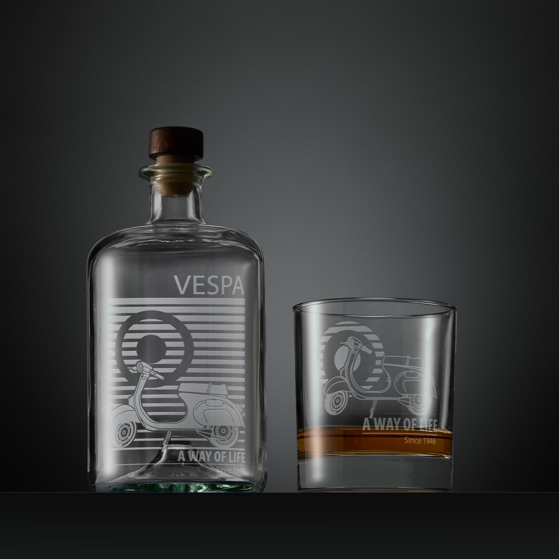 Engraved apothecary style decanter and whisky glass with a Vespa Pimavera and MOD target design illustration