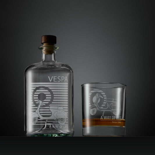 Engraved apothecary style decanter and whisky glass with a Vespa Pimavera and MOD target design illustration