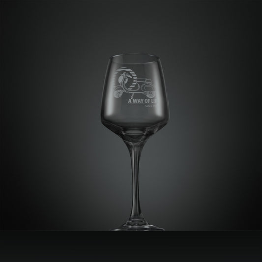 Engraved  wine glass with a Vespa Primavera scooter and A Way of Life Since 1946 text