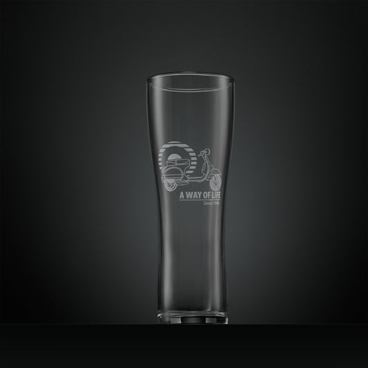 Toughened pint glass engraved with a scooter design, and circular mod target with personalised text