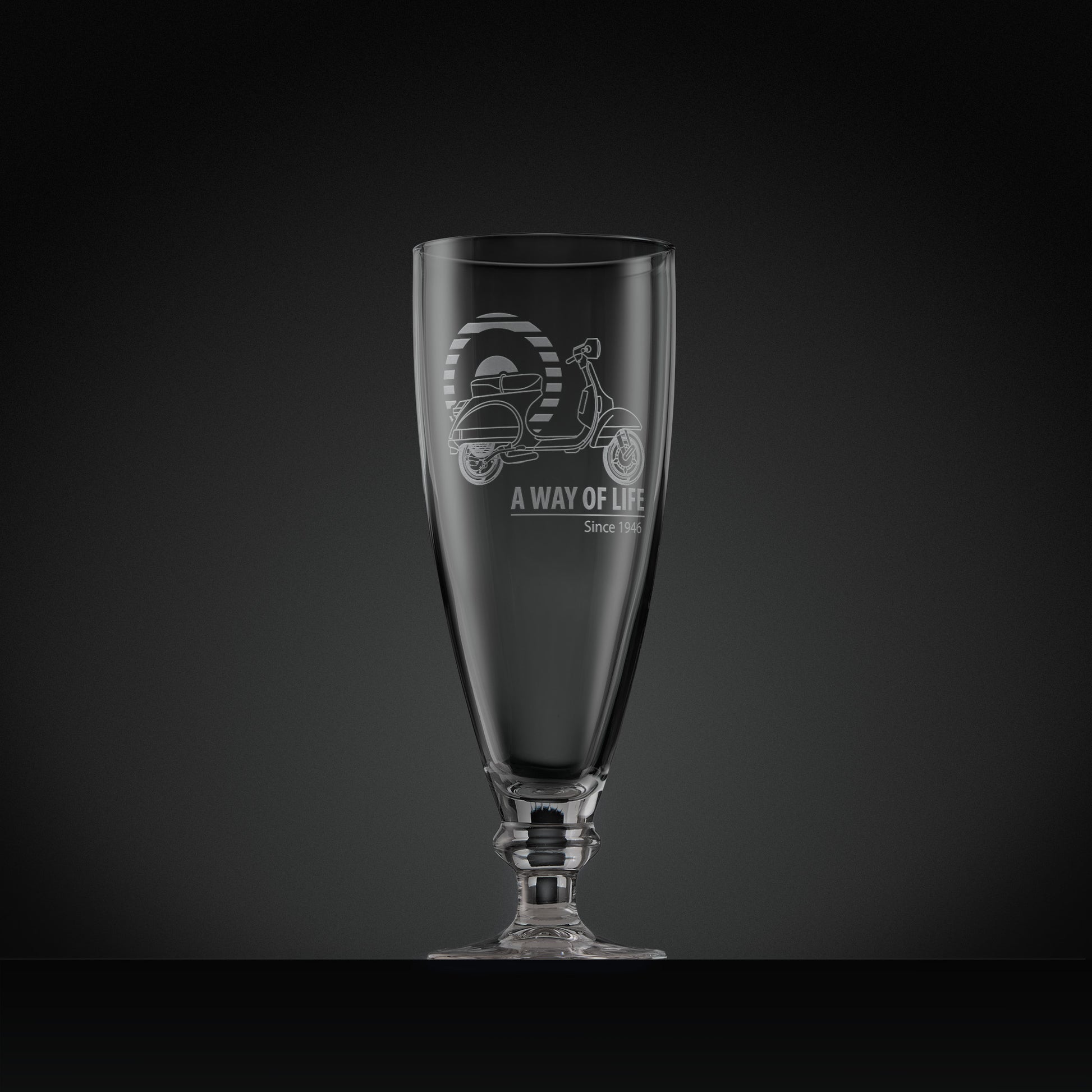 Stemmed beer glass engraved with Vespa PX scooter and Mod target