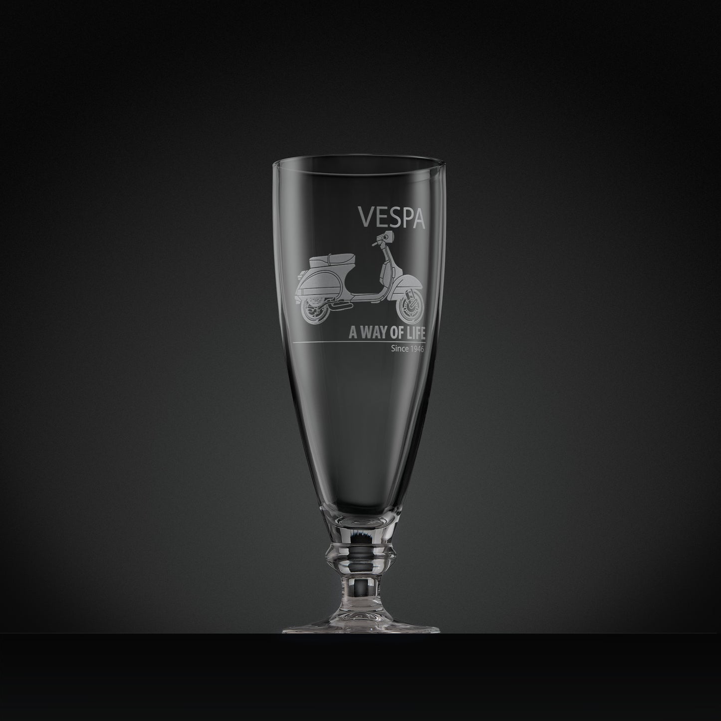Engraved Vespa PX stemmed beer glass featuring Vespa script and ‘A Way of Life Since 1946’