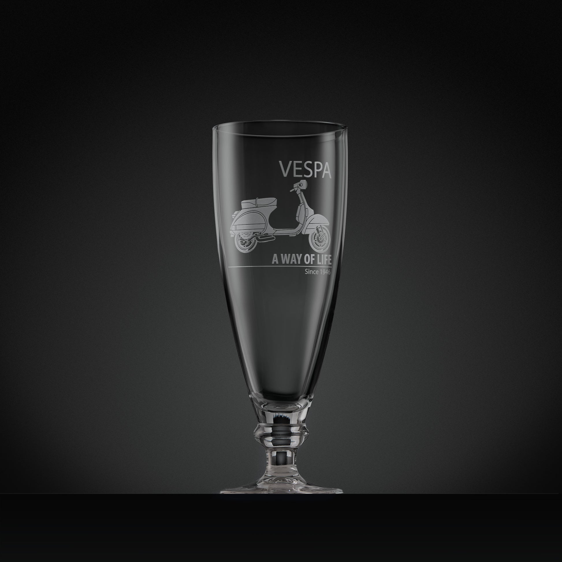 Engraved Vespa PX stemmed beer glass featuring Vespa script and ‘A Way of Life Since 1946’