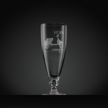 Engraved Vespa PX stemmed beer glass featuring Vespa script and ‘A Way of Life Since 1946’