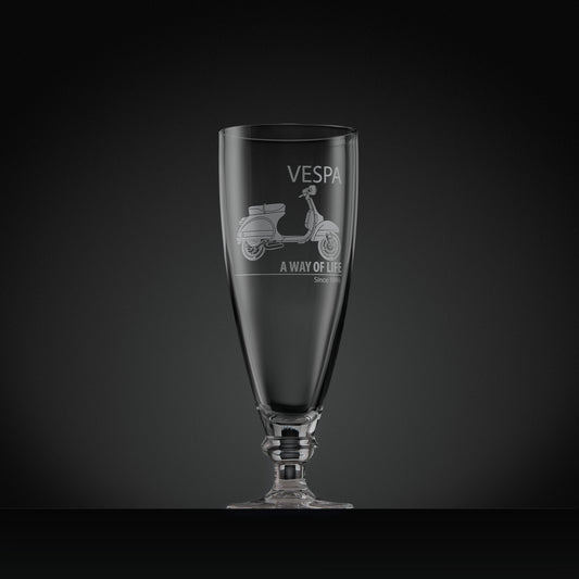 Engraved Vespa PX stemmed beer glass featuring Vespa script and ‘A Way of Life Since 1946’
