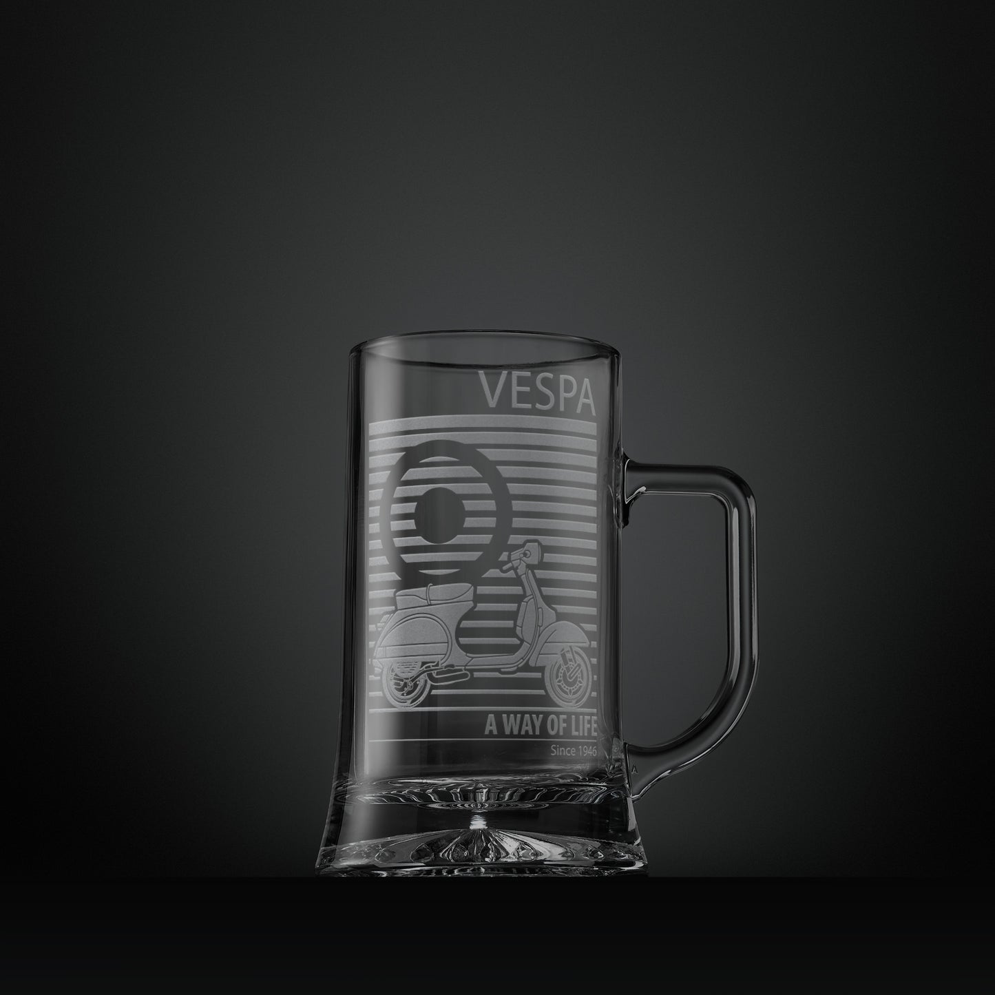 Engraved glass tankard featuring a Vespa PX scooter and MOD target design